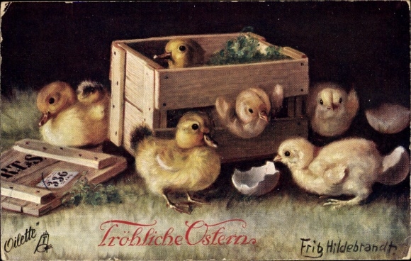 Kunstenaarskaart Hildebrandt, Fritz, gefeliciteerd met Pasen, eendjes in een doosje