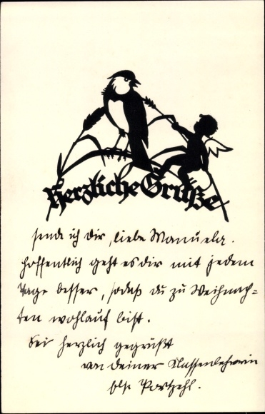 Paper cut Postcard Schwindt, AM, Kind regards, angel, bird
