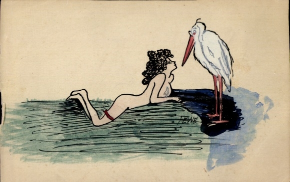 Hand-painted artist Postcard naked woman, stork, erotic