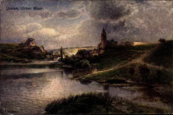 Kunstenaarskaart Ulmen in de Eifel, stadsgezicht, Ulmener Maar, kerk