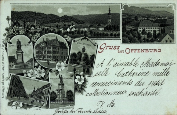 Moonlight Chromo-Litho Offenburg in Baden Black Forest, Oken Monument, Drake Monument, Town Hall, Bahnhofstrasse