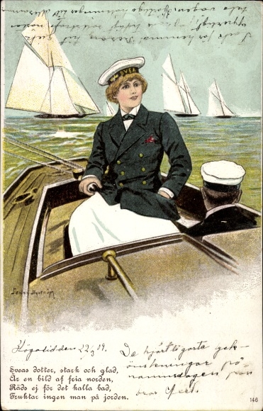 Artist PC Nyström, Jenny, Woman in sailor&#39;s clothes on a sailing boat