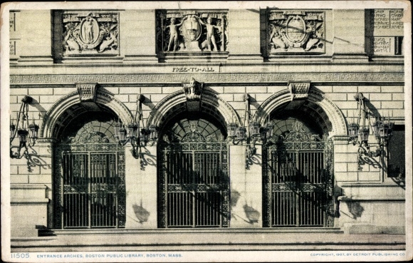 Postcard Boston Massachusetts USA, entrance arches, Boston Public Library