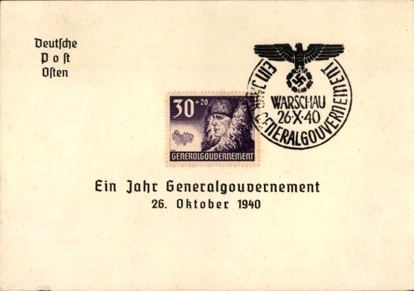 Postcard One Year General Government, Warsaw, 26 October 1940, Deutsche Post Osten