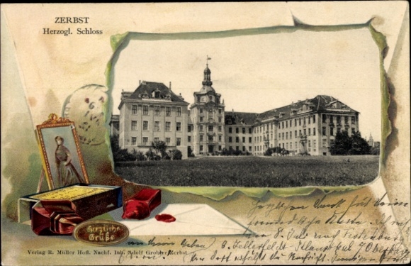 Embossed passepartout PC Zerbst in Anhalt, Ducal Castle, letter, sealing wax