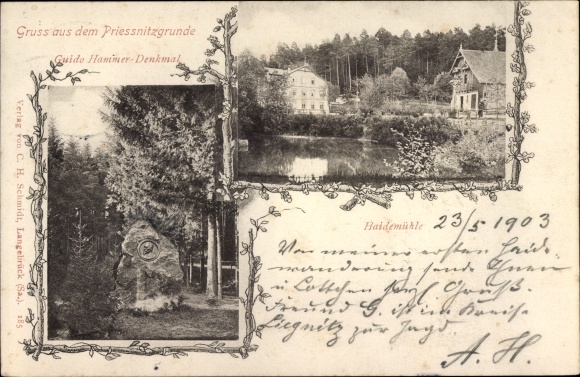 Postcard Dresden, Dresden Heath, Prießnitzgrund, Haidemühle, Guido Hammer Monument