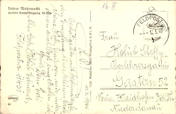 Postcard German Air Force, Heinkel fighter aircraft He 111