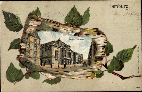 Embossed Birch Wood Chromo-Litho Hamburg Mitte Altstadt, Stadttheater, Street View