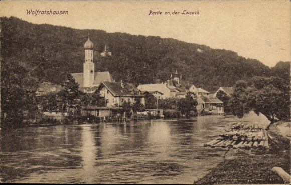 Postcard Wolfratshausen in Upper Bavaria, part of the Loisach, river landscape, church tower