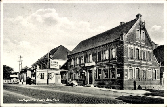 Ak Radis Kemberg Dübener Heide, Gasthof zum wilden Mann, Esso, Ausflugslokal  Halle, ältere Archi