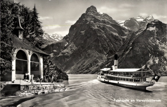 Postcard Canton Uri, Tell Chapel on Lake Lucerne, steamer