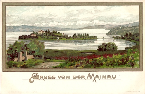 Ak Insel Mainau im Bodensee, Landschaftsmalerei, See, Berge, Pflanzen, 