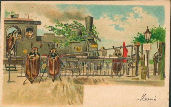 Glitter Chromo-Litho Humanized Maybug, Railroad Crossing, Steam Locomotive