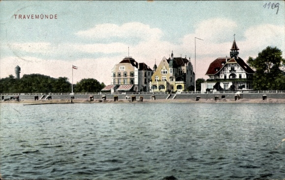 Ak Ostseebad Travemünde Lübeck, uitzicht op de boulevard, gebouwen, water, bomen