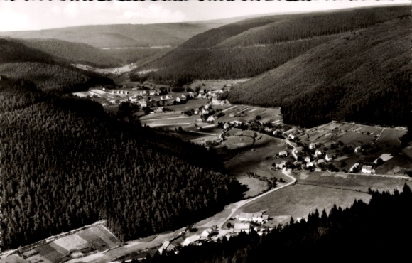 Postcard Bad Wildbad in the Black Forest, aerial view of the town, Black Forest, wooded mountains, agricultural