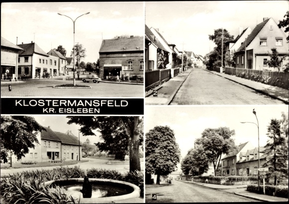 Postcard Klostermansfeld, Bahnhofstrasse, Ernst-Thälmann-Strasse, Clara Zetkin Strasse, Siebigeröder Strasse.