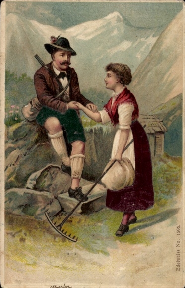 Ak Stangheck Landschaft Angeln, Schloss Rundhof, Mann und Frau in Tracht halten sich an den Hä...