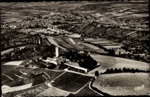 Ak Ravensburg in Württemberg Oberschwaben, Luftaufnahme von Weinbergen, Burg, Ort im Hintergrund