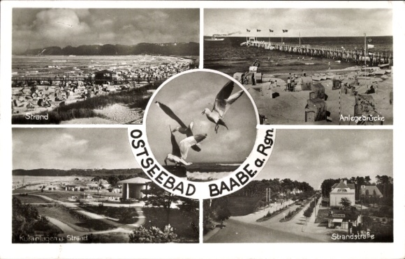 Postcard Ostseebad Baabe on Rügen, seagulls, beach, jetty, beach road, spa complex