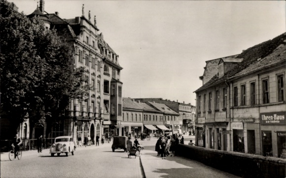Postcard Oranienburg in Brandenburg, city view, clock house, buildings, street life, vehicles