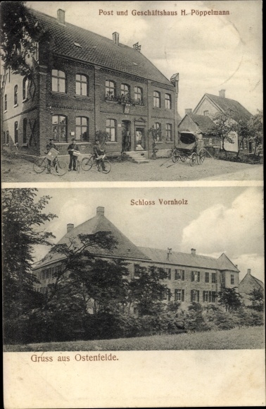 Postcard Ostenfelde Ennigerloh North Rhine-Westphalia, post office and commercial building H. Pöppelmann, Schloss Vornholz