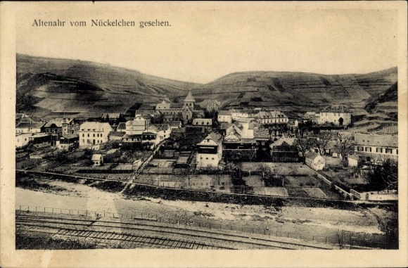 Postcard Altenahr in the Ahr Valley, view of hilly landscape, houses, church, railway tracks