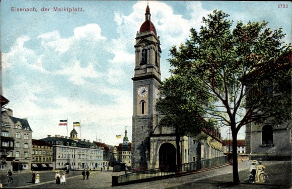 Postcard Lutherstadt Eisenach Thuringia, Hellthal, market square, clock tower, buildings, trees, people, driving