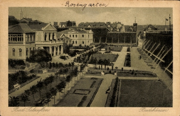 Postcard Bad Salzuflen in Lippe, rose garden, bathhouses