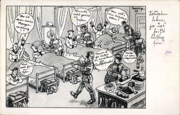 Artist Postcard Barlog, Soldier's life means being funny, Wehrmacht, officer, dormitory, II. WW