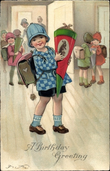Artist PC Baumgarten, Fritz, happy birthday, girl with sugar bag, school bag