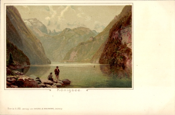 Artist Chromo-Litho Schönau am Königssee, shore with Alps