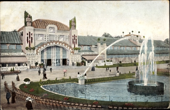 Ansichtkaart Zwickau in Saksen, commerciële en industriële tentoonstelling 1906, grote zaal met fontein
