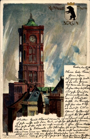Artist Chromo-Litho Kley, H., Berlin, Town Hall Tower, Coat of Arms