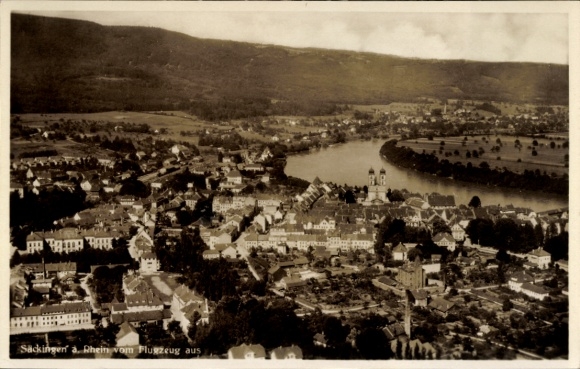 Postcard Bad Säckingen on the High Rhine, aerial view of the Rhine, mountains, city view, historical