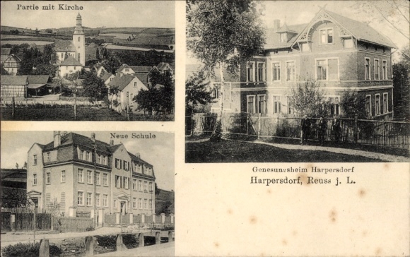 Postcard Harpersdorf Kraftsdorf in Thuringia, convalescent home, church, new school