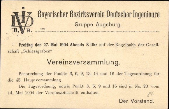Postcard Augsburg, district association of German engineers, lecture, bowling alley of the Ges.shooting trench