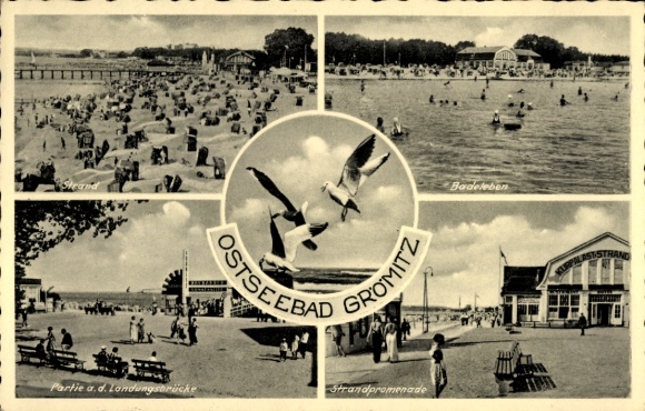 Ak Ostseebad Grömitz in Holstein, Strandpromenade, Badeleben, Partie an der Landungsbrücke, Vögel