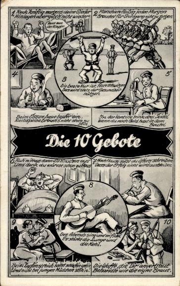 Postcard The Ten Commandments of a Soldier, Soldier's Life, March, Canteen, Weapon