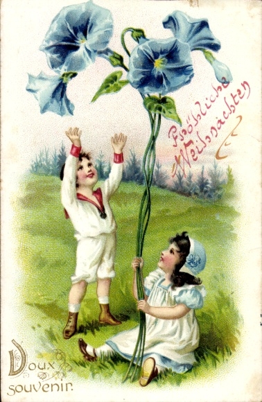 lito Amitié, dzieci na łące, niebieskie kwiaty