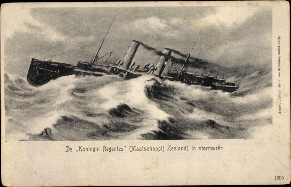 Postcard steamer Koningin Regentes in the storm