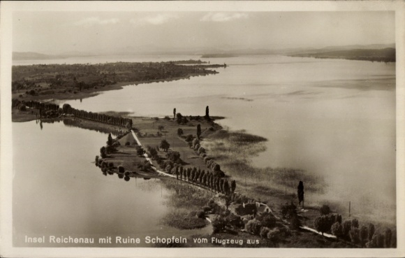 Postcard Insel Reichenau Bodensee, ruin Schöpfeln, aerial photo, trees