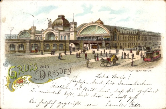 Chromo-Litho Dresden Old Town Seevorstadt, main station, tram