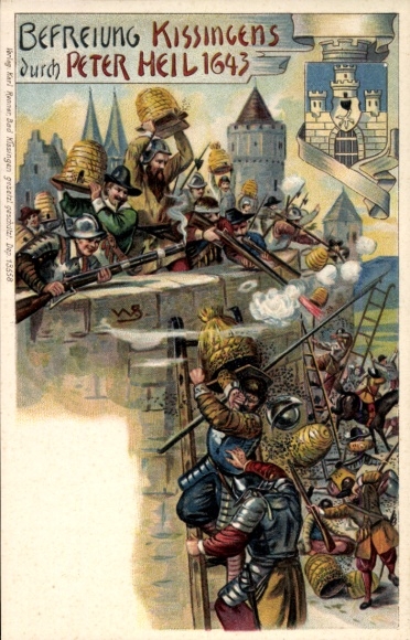 Künstler Litho Scheuermann, Bad Kissingen Unterfranken, Befreiung Kissingens durch Peter Heil 1643