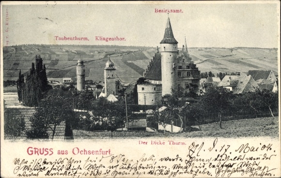 Ak Ochsenfurt am Main Unterfranken, Gruß aus... Taubenthurm, Klingenthor, Bezirksamt, Dicker Thurm