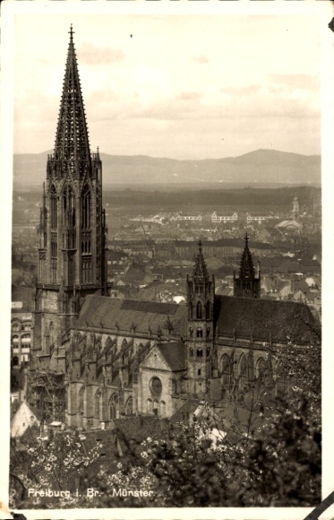 Ak Freiburg im Breisgau, Freiburg i. Br. Münster, gotische Kathedrale, Stadtansicht