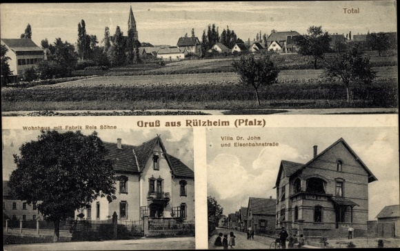 KP Rülzheim w Palatynacie, Villa Dr. John, Eisenbahnstraße, dom z fabryką Reis Söhne, ujęcie z daleka