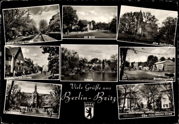 Postcard Berlin Neukölln Britz, Old Village Church, Buschkrugallee, Castle, Coat of Arms, Hospital