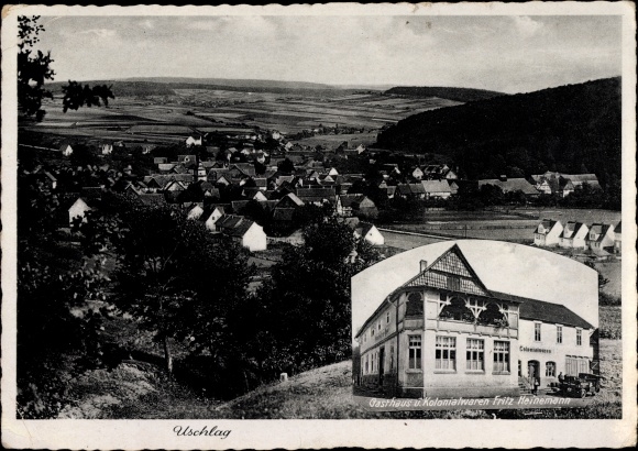 Postcard Uschlag Staufenberg in Lower Saxony, panorama, inn and action Fritz Heinemann