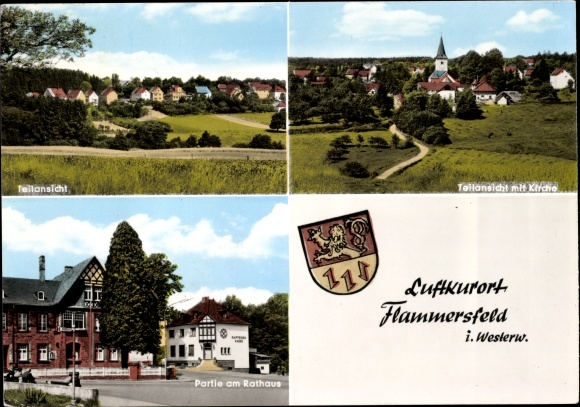 Ansichtkaart Flammersfeld in het Westerwald, kerk, gemeentehuis, gedeeltelijk uitzicht