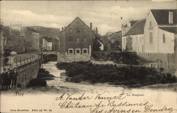 Postcard Huy Wallonia Liège, river landscape, buildings, bridge, people, Chateau de Bassinnes